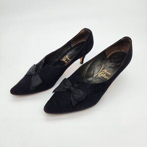Vintage Physical Culture black suede evening shoes with satin bows, size 7